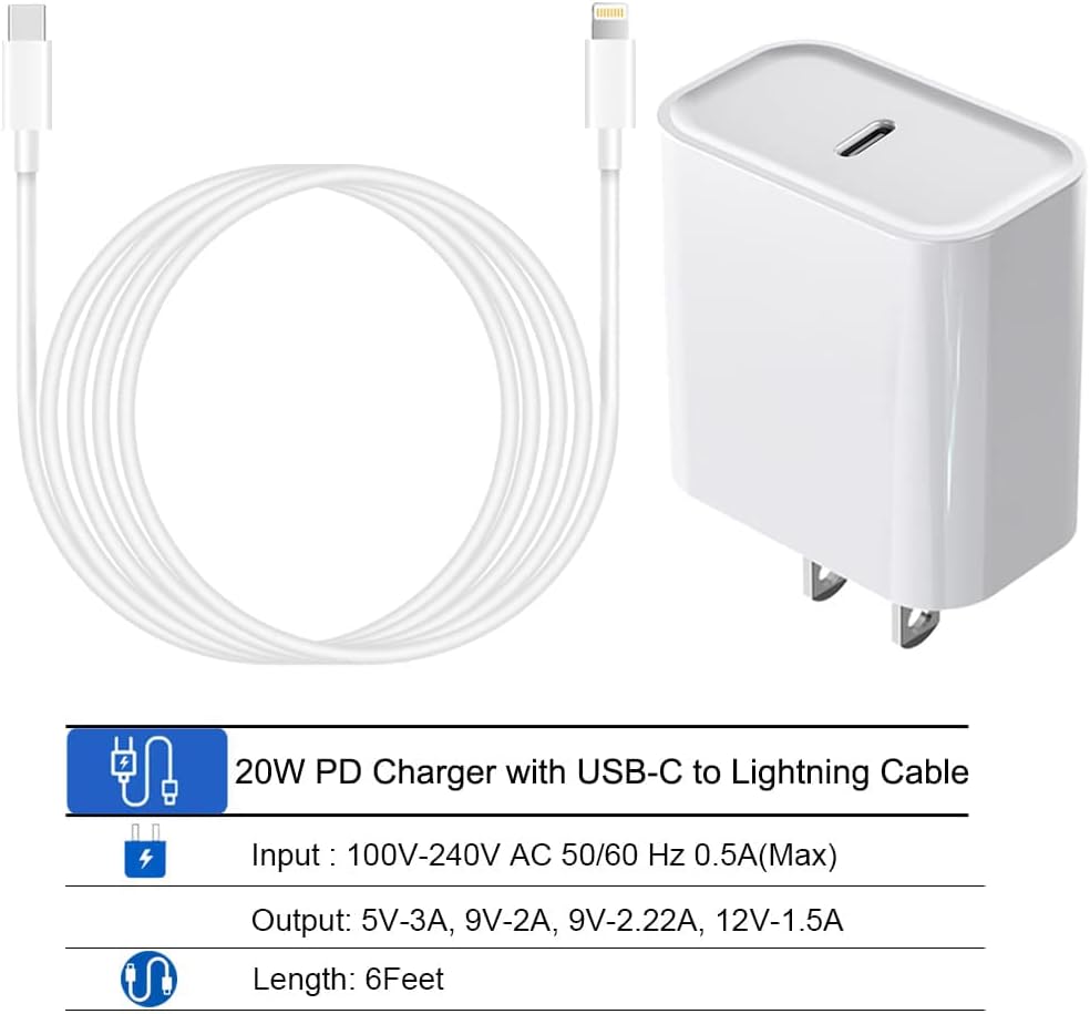 Ultra-Fast 20W USB-C Wall Charger with 5ft USB-C to iPhone Cable - Perfect for iPhone 14 Pro